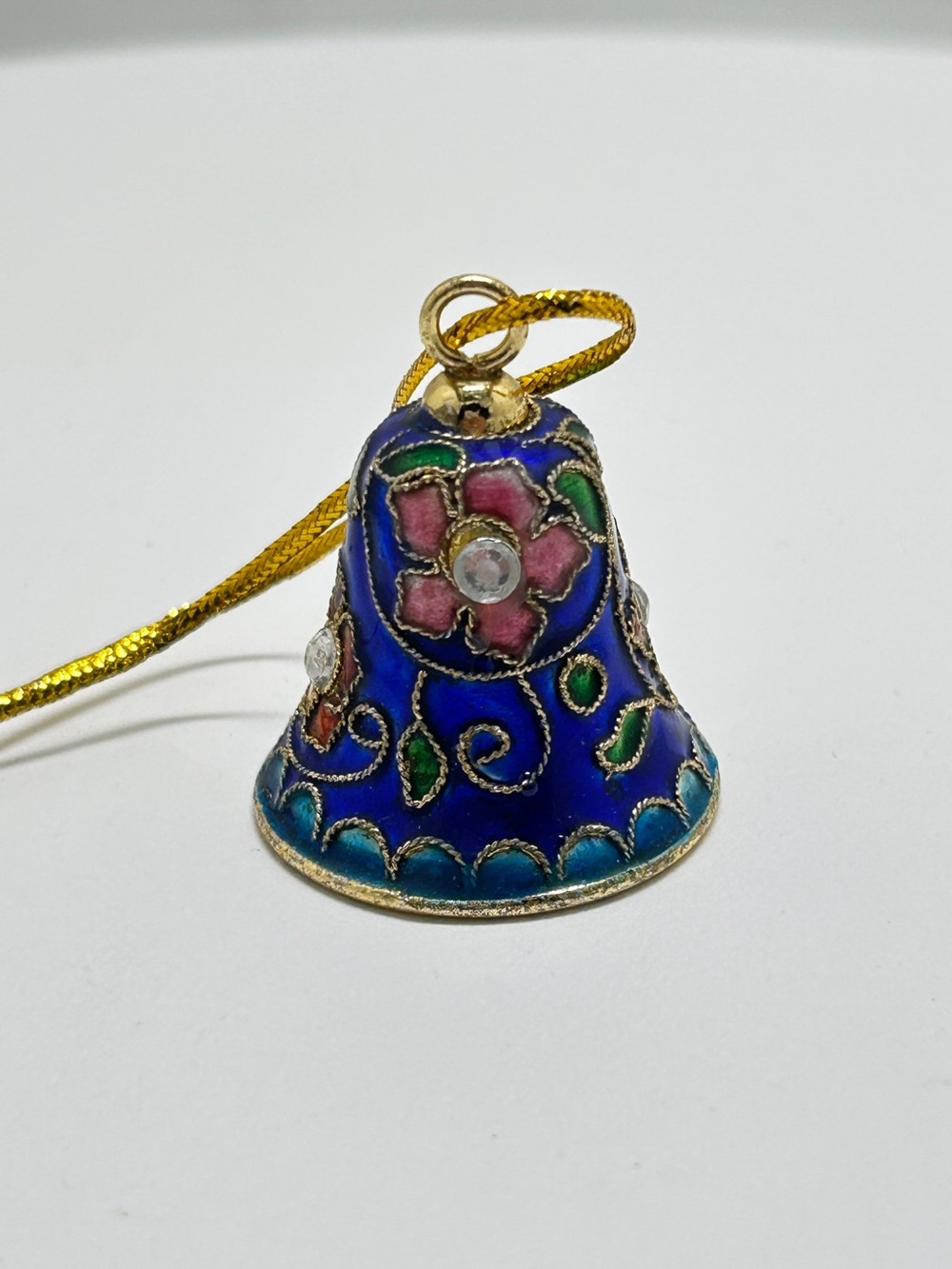 Vintage Small Cloisonné Bell Ornament, Blue, Pink, Green, Gold
